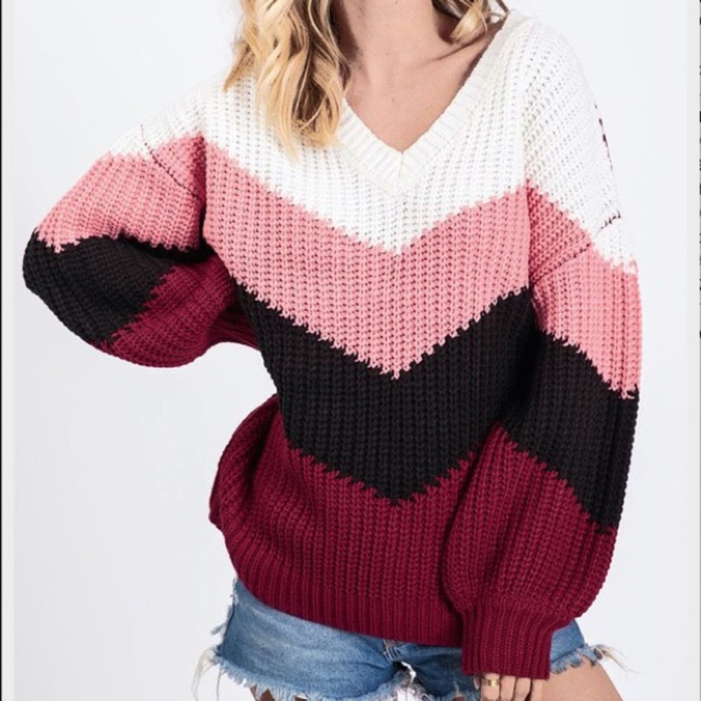 $ FIRM 🌷 Burgundy Chevron Colorblock Sweater - Picture 2 of 8